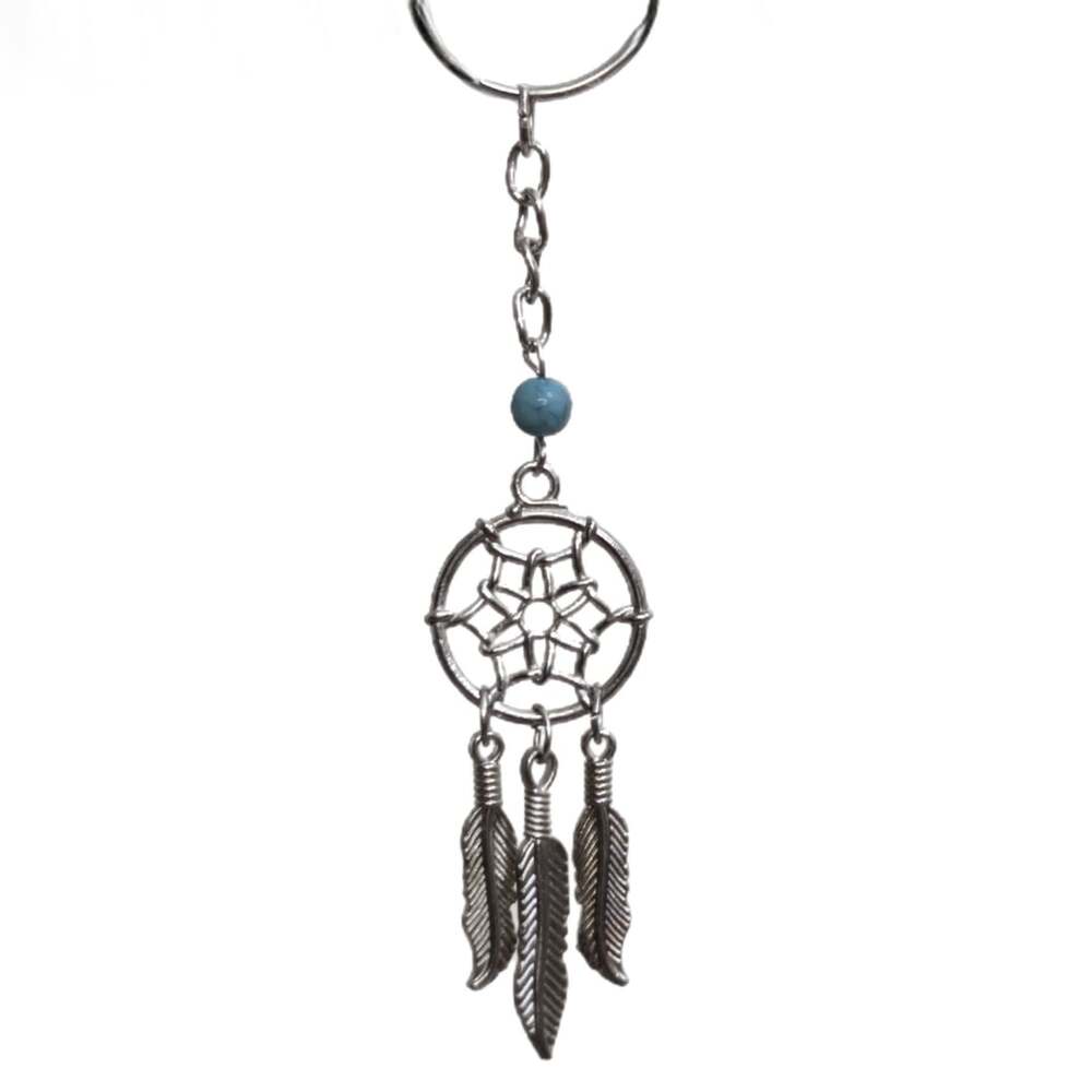 Dream Catcher Dangling Keychain Silver Tone Feathers Turquoise Bead
